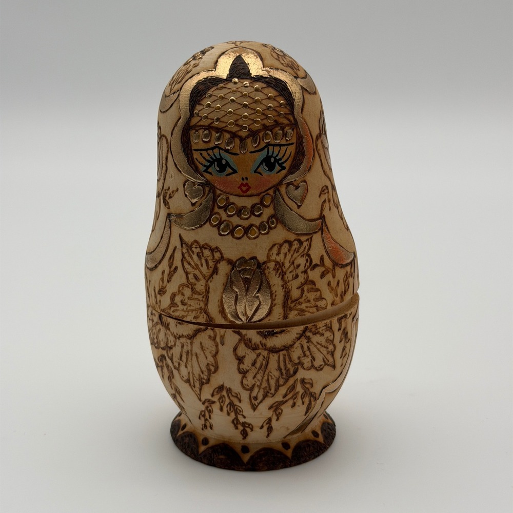 Vintage Russian Matryoshka Nesting Dolls Wood Burned Pyrography Gold Set of 5